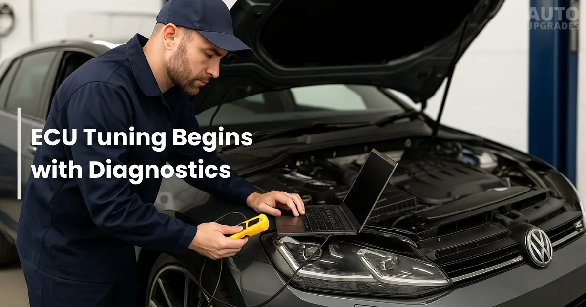Technician running diagnostics on car engine using laptop and scanner.